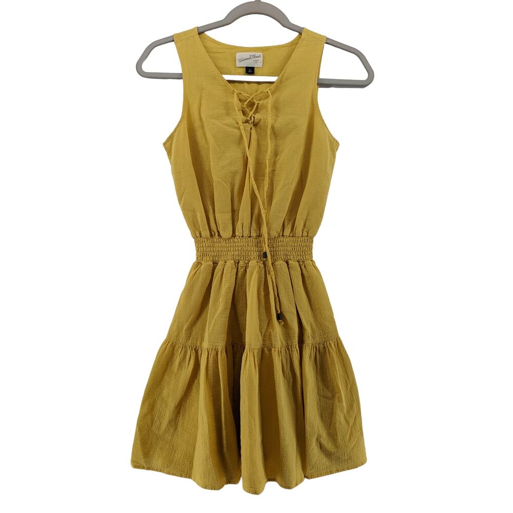 Universal Thread Boho Sundress XS Yellow Smocked Waist Lace Up Neck Tiered Dress